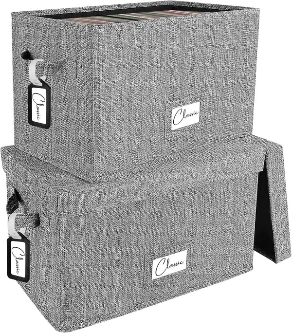 Vinyl Record Storage Box Set of 2, Grey Case with Lid Holds up to 160 Albums, CD Crate Organizer for 7"/45 RPM LPs