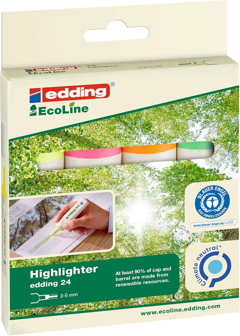 edding 24 EcoLine Highlighter Set of 4 - Yellow, Orange, Pink, Green, Refillable, Recyclable Material