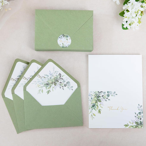50 PACK 4x6 PONATIA Gold Foil Thank You Cards With Sage Green Envelopes, Floral Printing Greeting Cards With Adhesive