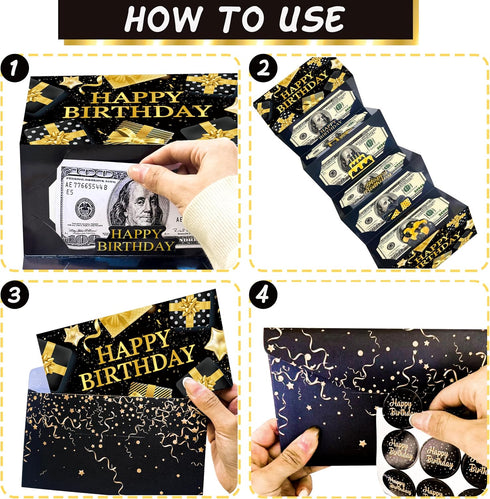 LUCKYQUBE 2pcs Happy Birthday Party Money Envelope for Cash Black Gold Birthday Party Cash Gifts Surprise Money or Gift