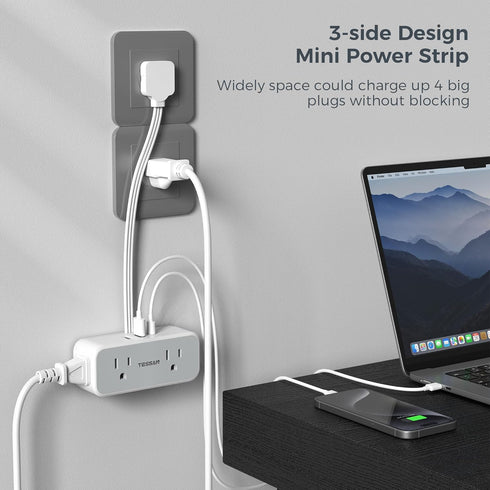TESSAN Short Extension Cord 6 Inch, Slim Flat Thin Plug Power Strip with 4 AC Outlets and 3 USB Charging Ports