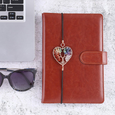Yoption 2 Pack Tree of Life Elastic Bookmark, Rose Golden Heart Shape Vintage Bookmarks with 7 Chakra Crystals Pendant