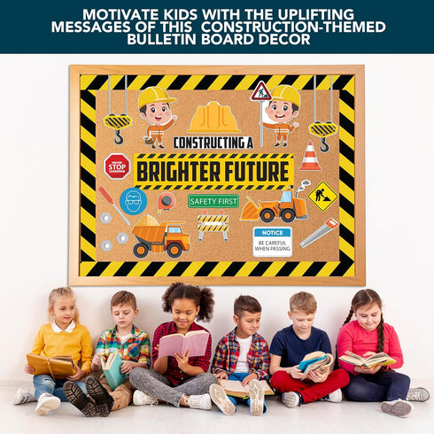 Decorably 81 Pcs Construction Theme Bulletin Board Decorations Set with Accompanying Borders for Classroom Decor