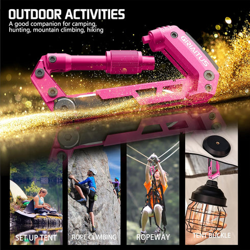 Carabiner Multitool with Pocket Knives, 8-in-1 EDC Carabiners, Pink Folding Serrated Knife, Can Bottle Opener, Rope
