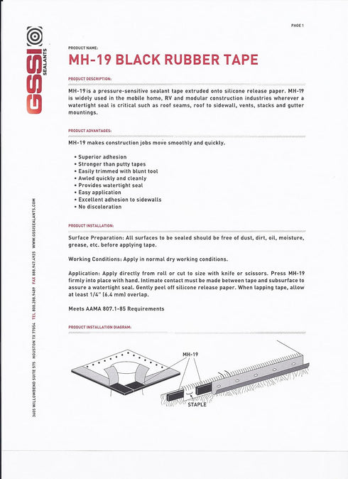 Butyl Tape 1/8" x 1" x 50' Black by GSSI Sealants