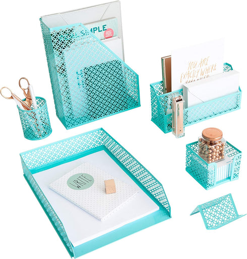 BLU MONACO Aqua - Teal 6 Piece Cute Desk Organizer Set, Accessories for Women, Desktop Organization
