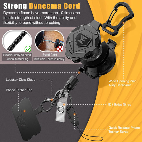 ELV Heavy Duty Retractable Keychain, Magnetic Closure and Carabiner, ID Badge Holder Clip with 31” Dyneema Cord