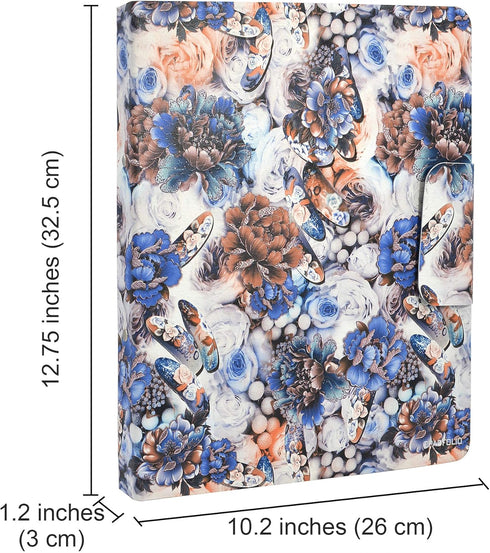 Padfolio Ring Binder with Color File Folders, Flower Painting PU Leather Organizer Portfolio (Blue)