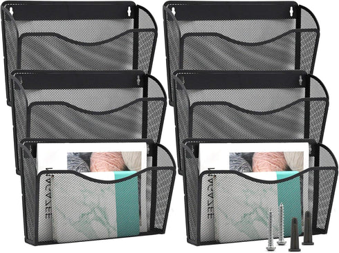 EASEPRES Mesh 6 Pack Wall Mounted File Holder, Metal Hanging Vertical Pocket Organizer for Office and Home, Black