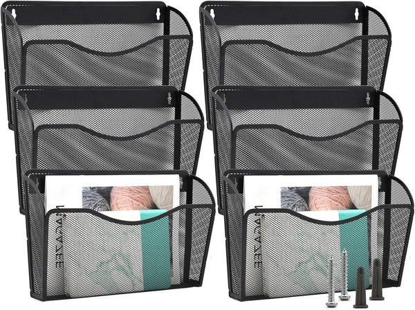 EASEPRES Mesh 6 Pack Wall Mounted File Holder, Metal Hanging Vertical Pocket Organizer for Office and Home, Black