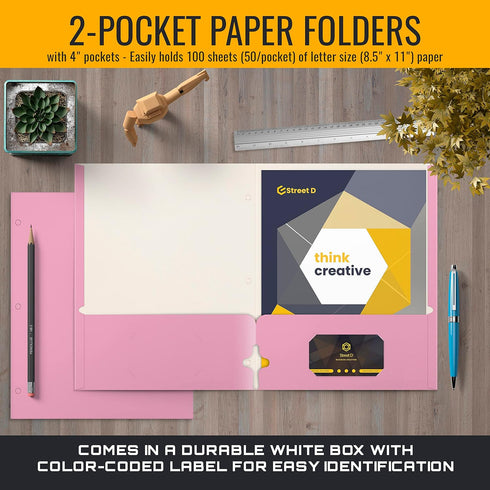 Better Office Products 50-Pack Two Pocket Portfolio Folders, Pink, Letter Size Paper Folders, 50 Pieces