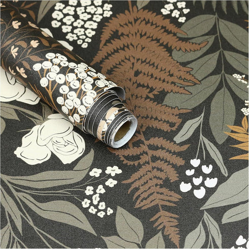 HAOKHOME 93276 Peel and Stick Wallpaper: Floral Vintage Removable Rose Leaf Black/Brown/Beige Stick on Mural 17.7in x