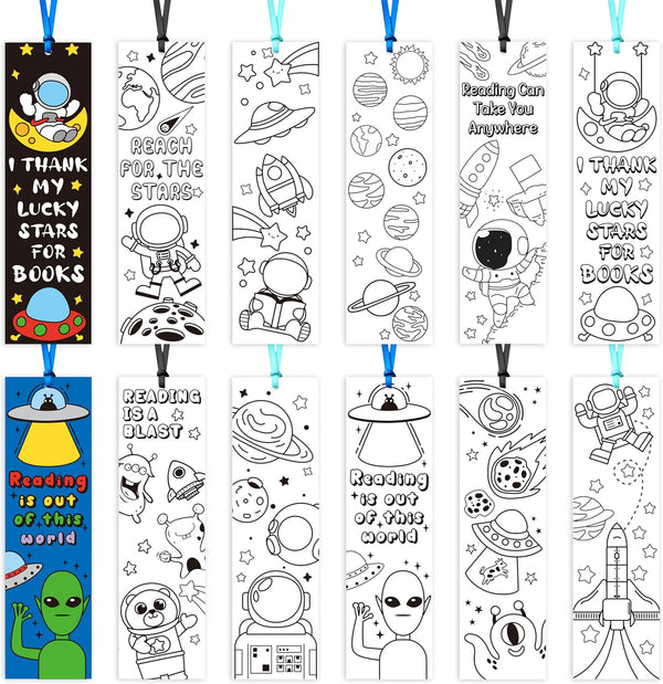 EYxsaxenk Color Your Own Bookmarks - 72Pcs Outer Space DIY Coloring Bookmark Astronaut