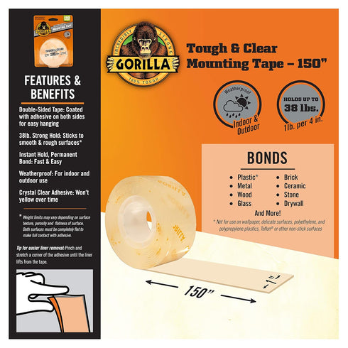 Gorilla Tough & Clear Double Sided Mounting Tape, Weatherproof Clear Tape, 1" x 150" (Pack of 1) for Indoor Outdoor