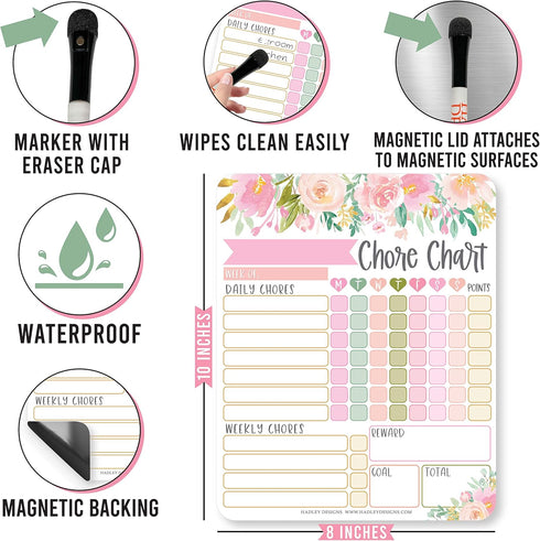 Magnetic Chore Chart for Kids, Good Behavior Dry Erase Daily Weekly Responsibility List, Floral Chore Board