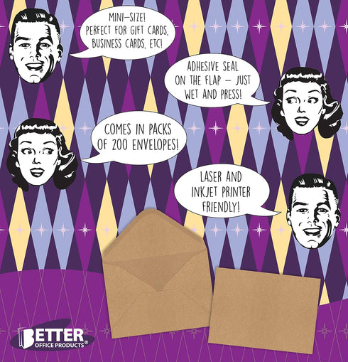Kraft Mini Envelopes, 4" x 2.75", Strong 35 lb. Paper, Contoured Gummed Flap, Envelopes for Gift Cards, Business Cards, Flower Cards (200 Pack) by Better Office Products
