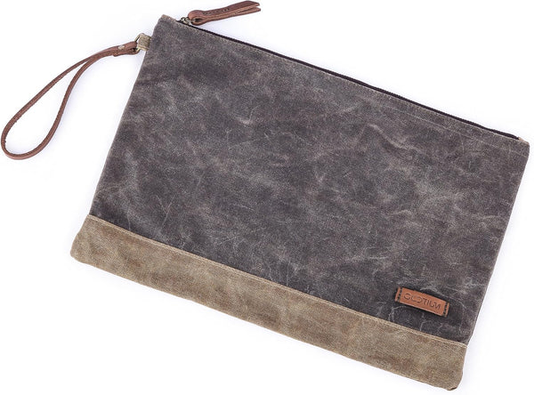 Gootium Waxed Canvas Zip Folio Pencil Pouch - Multipurpose File Folder, Size 13"x9.4", Olive Drab