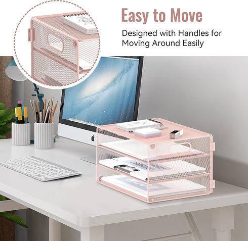DALTACK 3 Tier Letter Tray Paper Organizer with Handle, Mesh Desk File Organizer for School Office Home, Pink