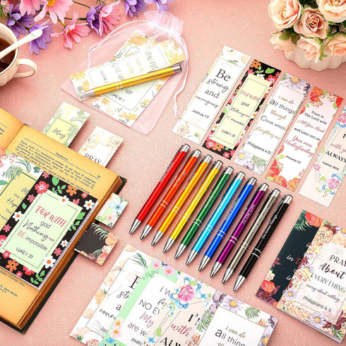 Sinmoe 120 Pcs Bible Gifts Set, 30 Bible Verses Bookmarks, 30 Scripture Pens, 30 Notebooks, 30 Organza Bags