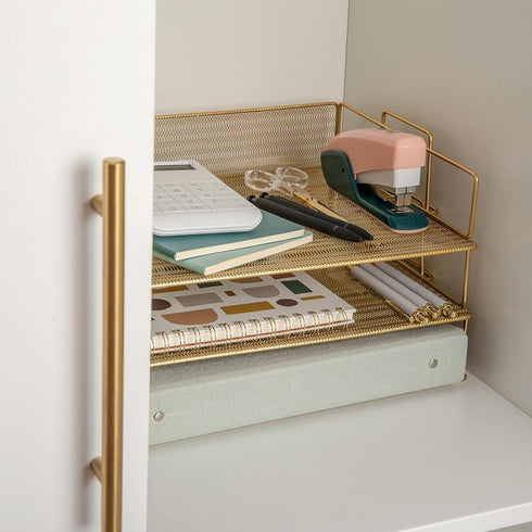 Martha Stewart Ryder 3 Tier Desk Letter Tray Organizer, Stackable Steel Mesh Inbox Tray for Files and Papers (Gold)