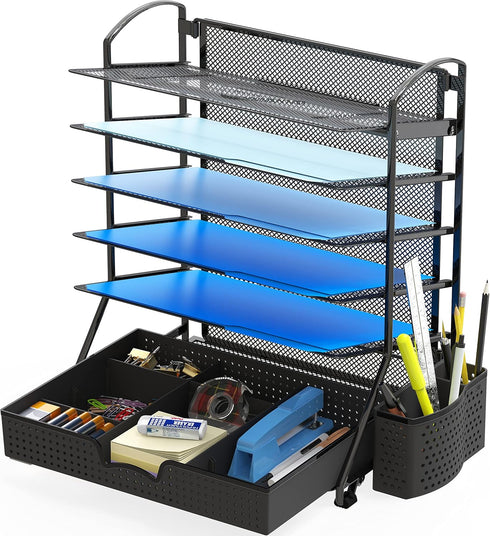 Simple Houseware 6 Tier Desk Document File Tray Organizer with Supplies Sliding Drawer, Black