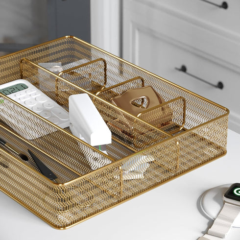Martha Stewart Ryder Gold Mesh Metal Desk Drawer Organizer, 6 Compartment for Accessories and Office Supplies