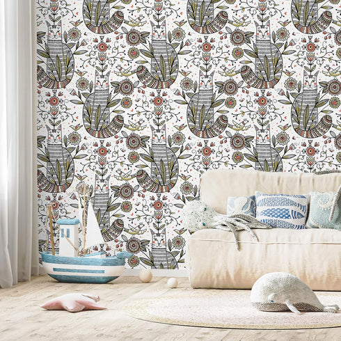 17.7''x354'' VEELIKE Boho Cat Wallpaper Peel and Stick Cat Themed Floral Wallpaper for Nursery Playroom Kids Room