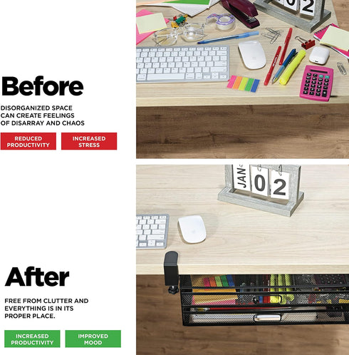 Under Desk Drawer Organizer, Clamp-On Mesh Metal Attachment with 2 Slide Out Drawers for Office Supplies