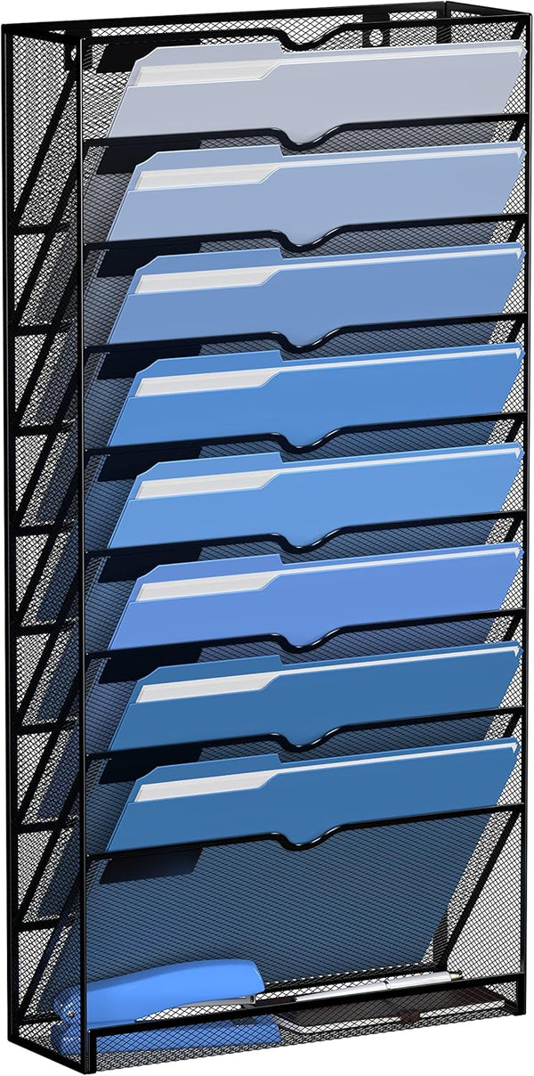 DALTACK Wall File Holder, 10 Tier Hanging Organizer for Papers, Mails, Folders, Clipboard, Magazine Organization, Mesh