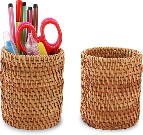 Okllen 2 Pack Handmade Rattan Pencil Holder - Woven Vine Desk Organizer for Makeup Brushes, Office & Home Desktop,