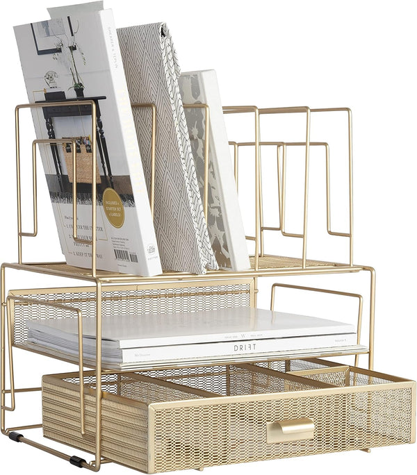 BLU MONACO Gold Desktop Organizer - Cute File Holder for Desk and Drawer Storage of Office Supplies and Folders
