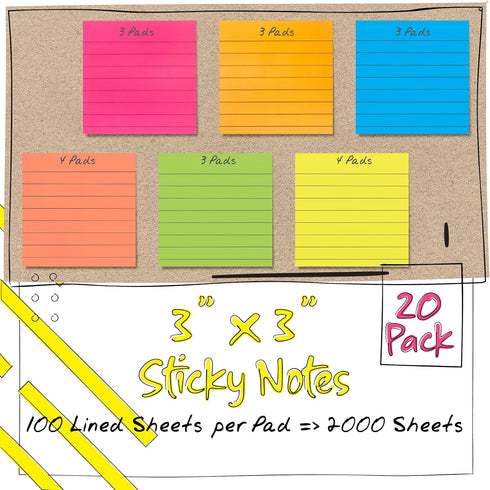 Better Office Products Lined Sticky Notes: 3 x 3, 20 Pack Box, 2,000 Sheets (100/Pad), Bright Assorted Colors