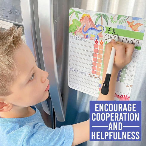 Magnetic Chore Chart for Kids - Good Behavior Dry Erase Daily & Weekly Responsibility List, Dinosaur Design