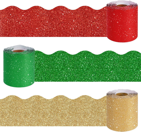 Whaline 98.4Ft Christmas Glitter Bulletin Board Borders - 3 Rolls Red Green Gold Die-Cut Trim for School Office