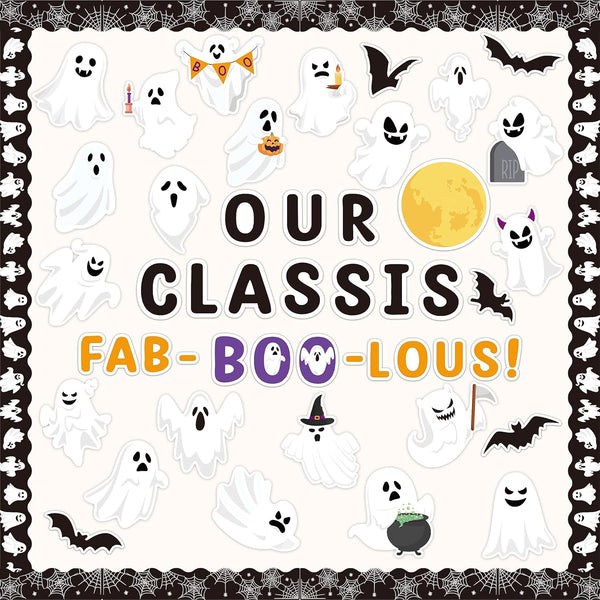 B1ykin 134Pcs Halloween Ghost Bulletin Board Decoration Set, Ghosts Patterned Paper Cutouts for Classroom and Home