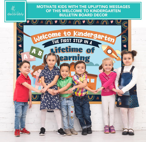 Decorably Kindergarten Bulletin Board Set 49 Pcs Boho Decorations with Borders - Welcome Bulletin Board Set, Rainbow