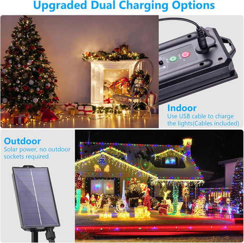 40Ft, 18 100 Solar String Lights Outdoor Waterproof Colors Changing LED Christmas Lights Solar Powered & USB