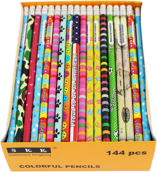 SKKSTATIONERY Assorted Colorful Pencils, Wooden Pencil with Eraser, 2 HB, 12 Assorted Colors, 144/box