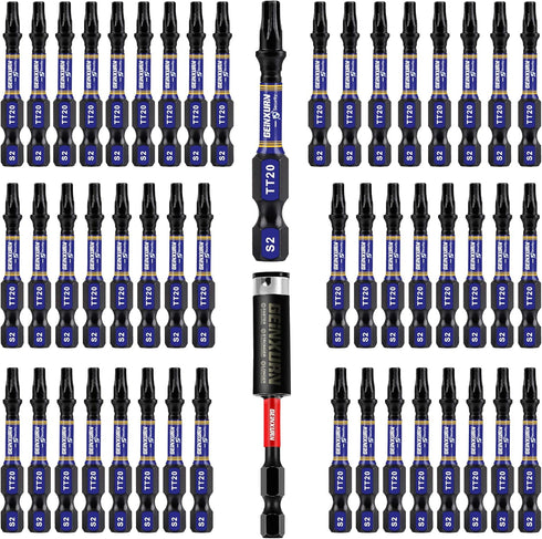 2 In. Security T20 Impact Magnetic Screwdriver Bit Set, 51 Pieces #20 Torx Head Power Bit Set with Impact Bit Holder