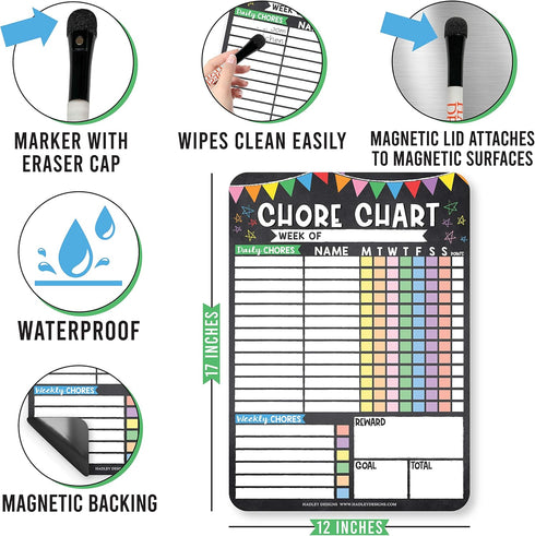 Magnetic Chore Chart for Kids, Dry Erase Reward System for Adults, Fiesta Chalk Responsibility Board for Family