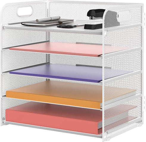 Supeasy 5 Trays Paper Organizer with Handle, Mesh Desk File Organizer, White Paper Sorter for Office, Home, or School