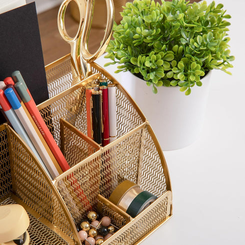 Martha Stewart Ryder Gold Mesh Metal Small Organizer for Office Accessories, Notebooks, Pen Holder and Drawer