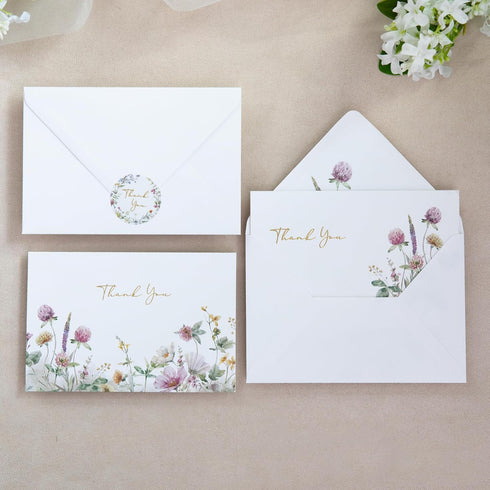 50 PACK 4x6 ponatia Floral Thank You Cards With Envelopes - Gold Foil Wildflower Greeting Cards With Adhesive Envelopes