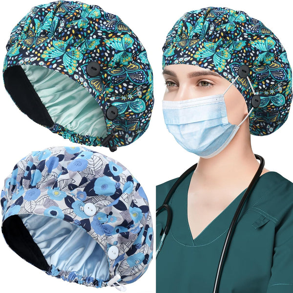 ABAMERICA 2 Pack Bouffant Caps with Button and Sweatband, Adjustable Scrub Caps