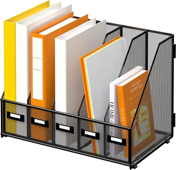 DALTACK Metal Desk Organizers, Magazine File Holder with 5 Vertical Compartments for Office Home School, Black
