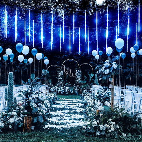 144LED 8 Meteor Shower Lights, Blue Holiday Outdoor Illumination with Tubes, Waterproof Hanging Display for Garden Yard