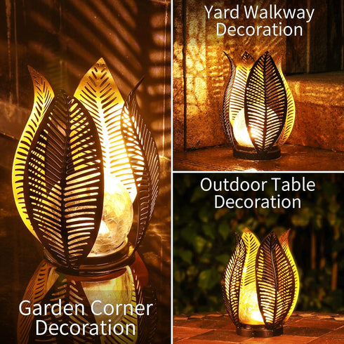 Solar Garden Lights Waterproof Decorations,Crackle Globe Glass,Metal Palm Leaf Solar Lights for Outdoor Decor On