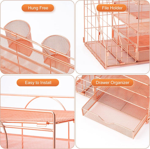 Marbrasse Rose Gold Desk Organizer with 5-Tier Paper Letter Tray, Drawer and 2 Pen Holder