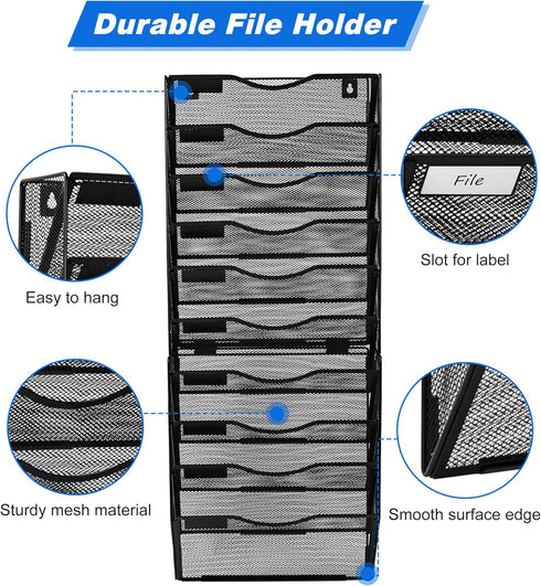 Wall File Holder, 10 Pockets Hanging Wall Organizer, Document and Mail Storage for Office, Black