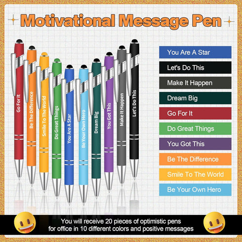Teling Black Ink Ballpoint Pens with Optimistic Quotes - 20 Pieces